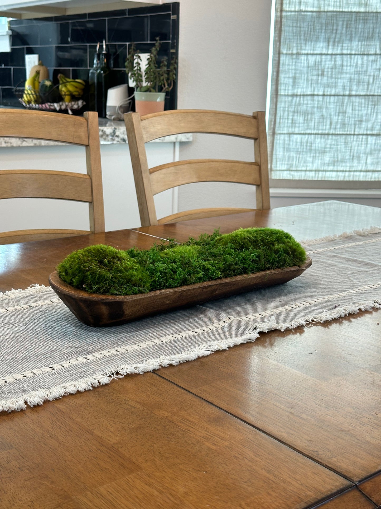 Moss Dough Bowl, Centerpiece for Dining Table, Preserved Moss, 19" Wooden Bowl, Housewarming Gift, Table Decor, Rustic Wood, Client Gift