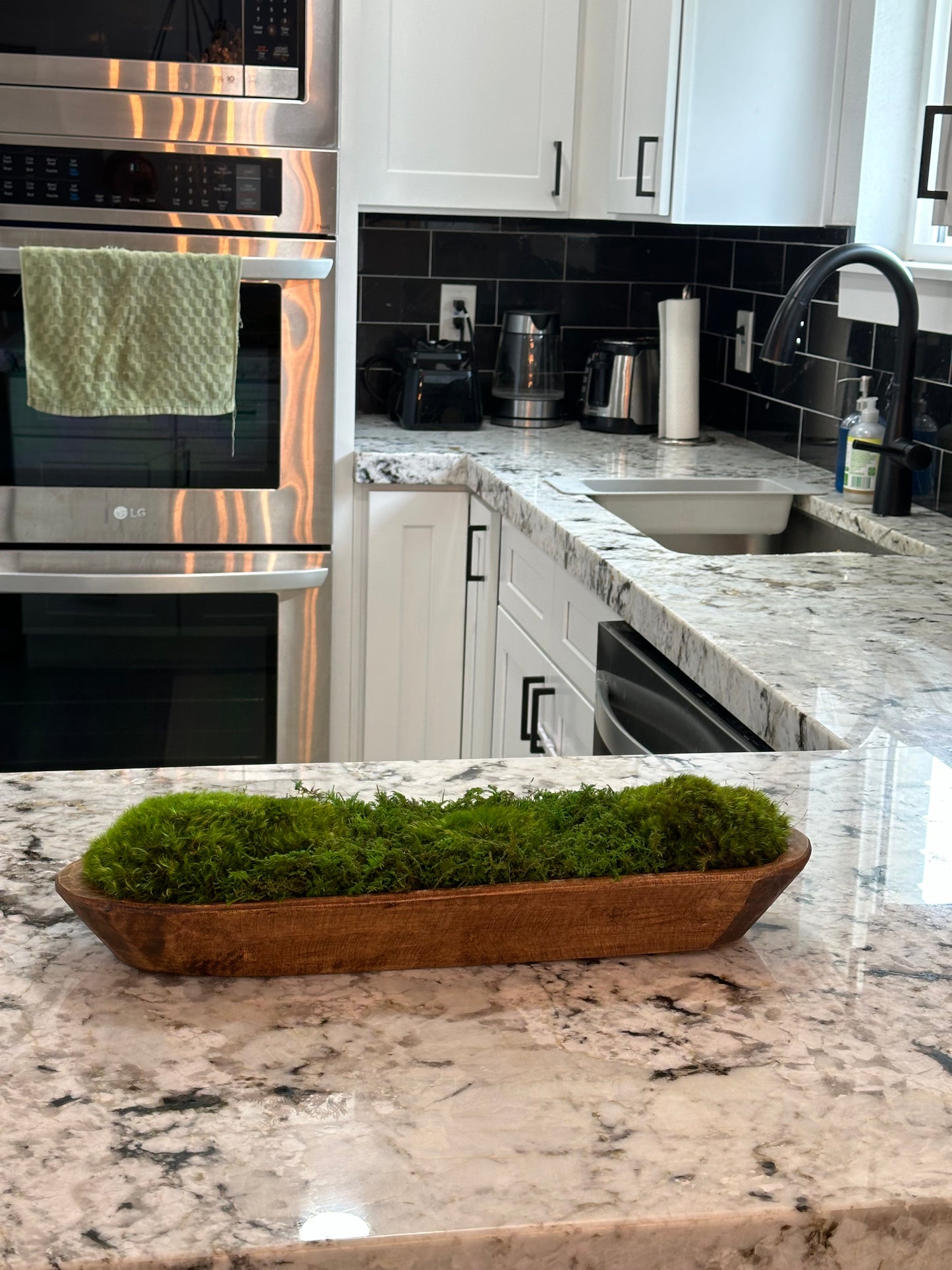 Moss Dough Bowl, Centerpiece for Dining Table, Preserved Moss, 19" Wooden Bowl, Housewarming Gift, Table Decor, Rustic Wood, Client Gift