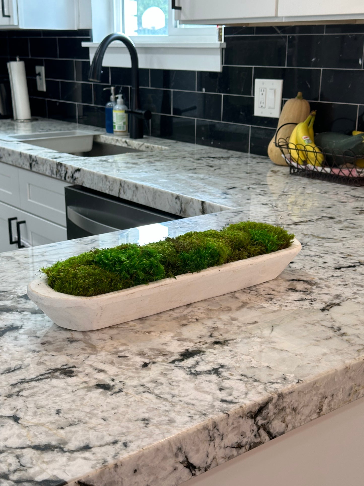 Rustic White Moss Dough Bowl, Centerpiece for Dining Table, Preserved Moss, 19" Wooden Bowl, Housewarming Gift, Table Decor, Client Gift